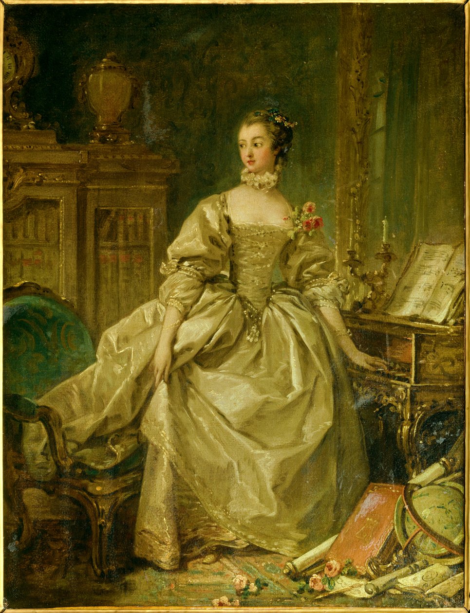 Retrato completo de Jeanne Antoinette Poisson, Marquise de Pompadour (conhecida como Madame de Pompadour) de François Boucher