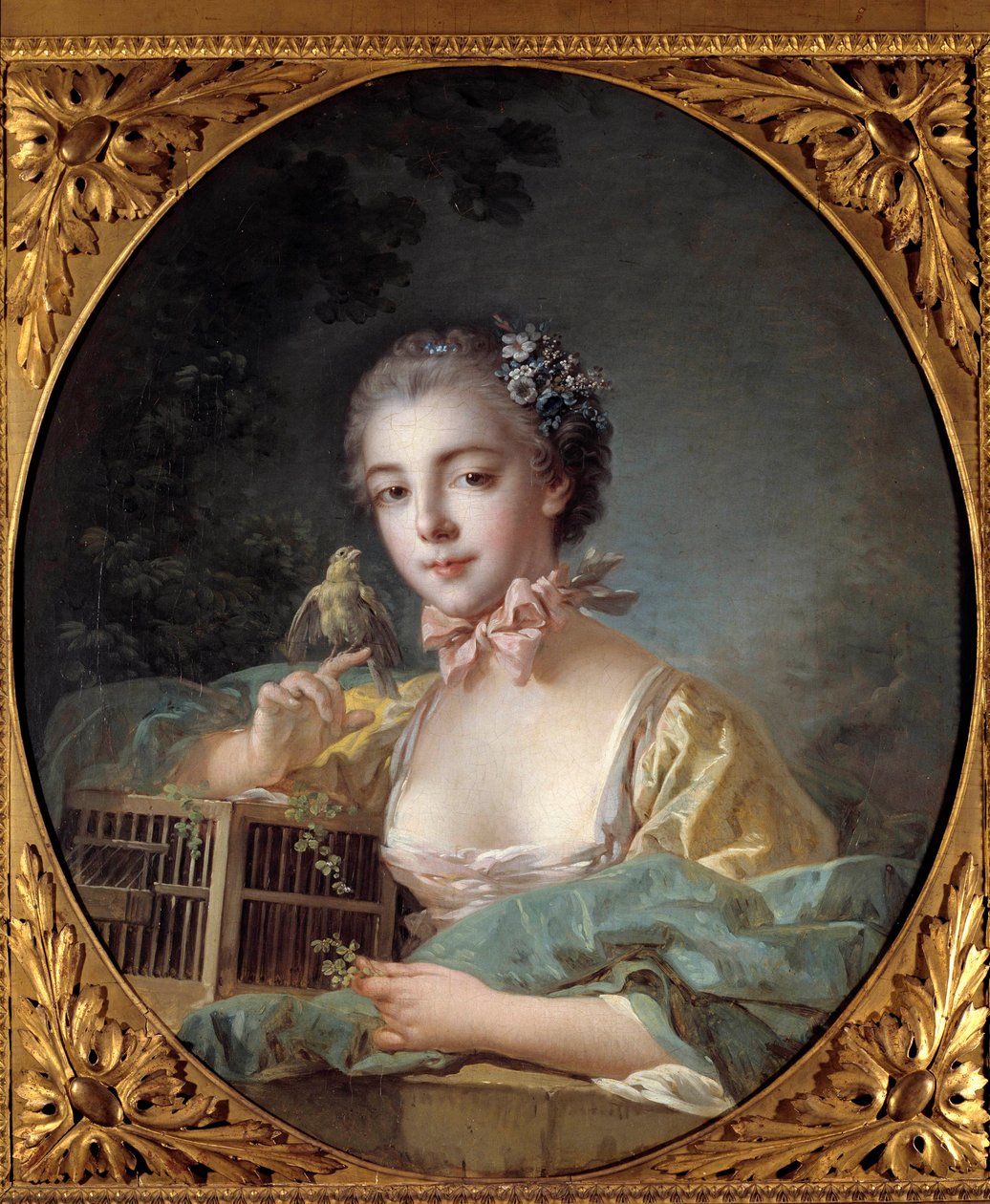 Retrato de Madame Baudoin, filha do pintor A menina posa com o seu canário. Pintura de François Boucher (1703-1770) Paris do século XVIII. Musee Cognacq Jay de François Boucher