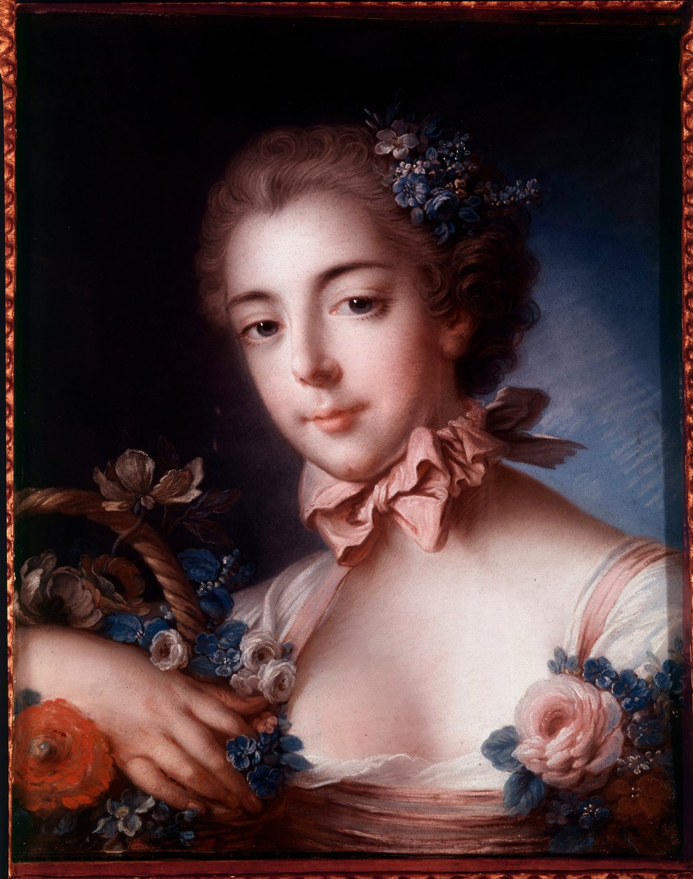 Retrato de uma jovem mulher encostada a um cesto de flores. Pintura em pastel de François Boucher (1703-1770) de François Boucher