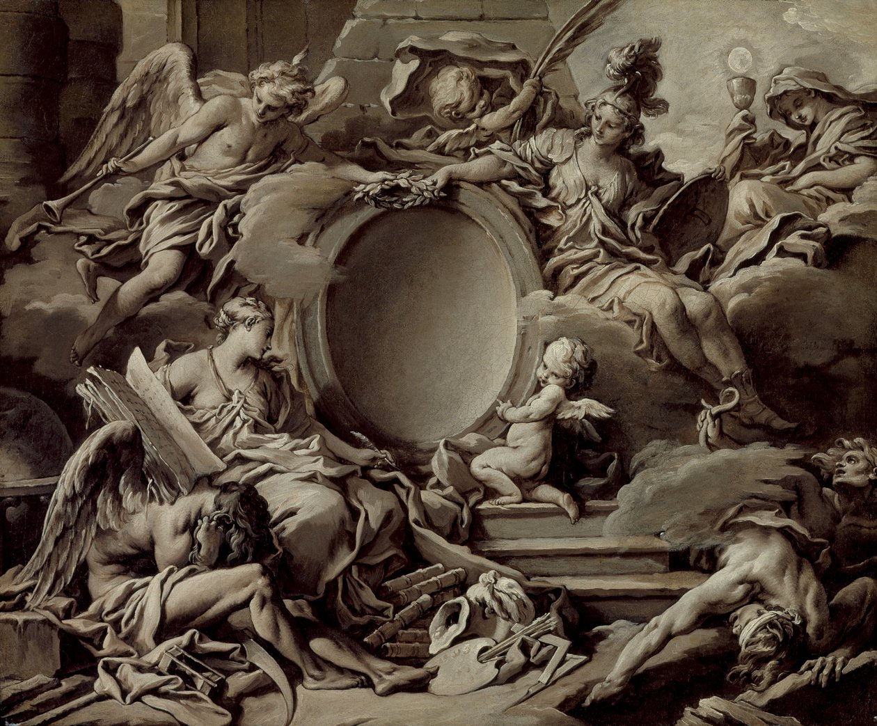 Projeto para um cartucho: uma alegoria de Minerva, a Fama, a História e a Fé a vencerem a ignorância e o tempo de François Boucher
