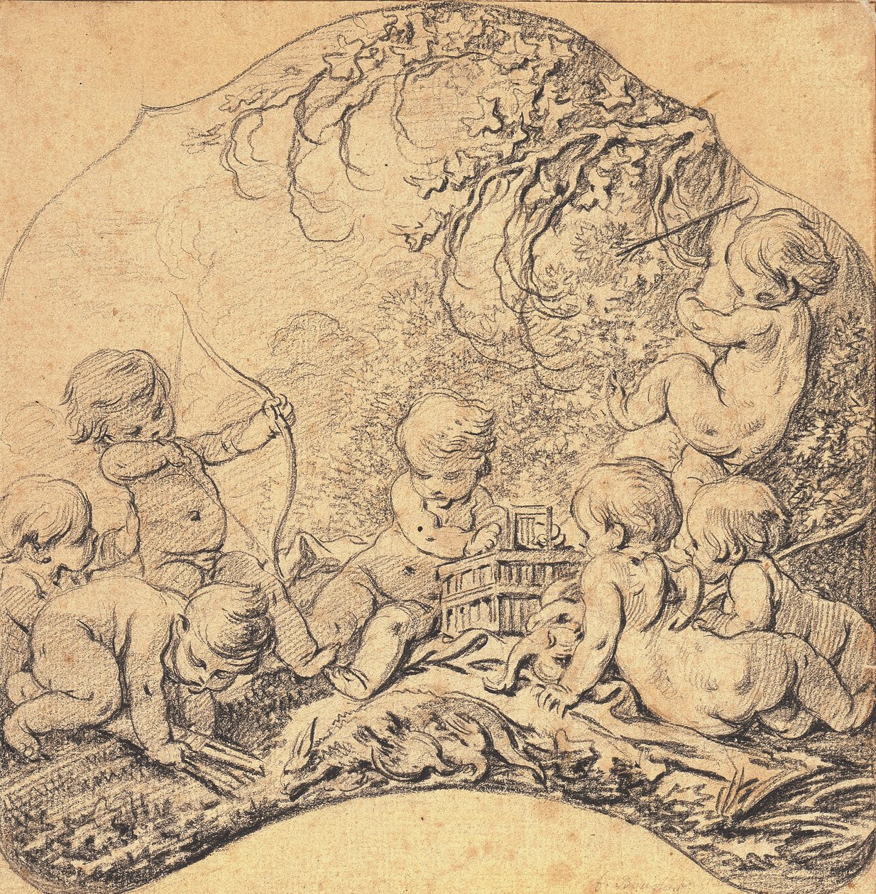 Putti numa paisagem disparando flechas e abrindo uma gaiola, um troféu de caça em primeiro plano (giz preto sobre papel) de François Boucher