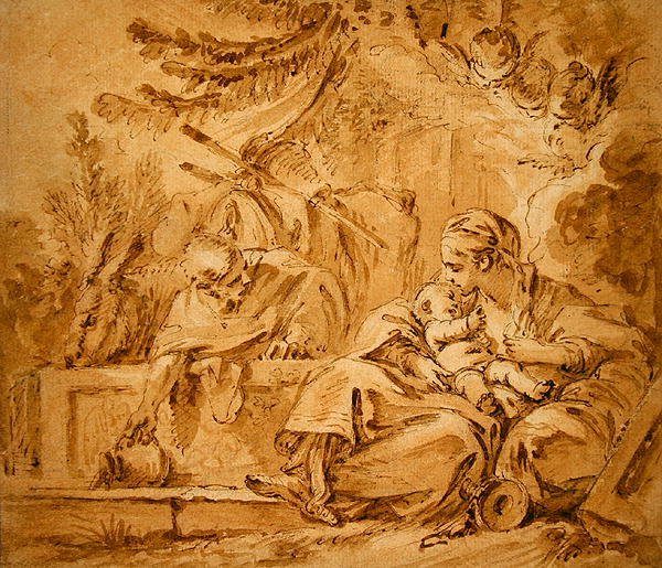 Descanso no vôo para o Egito (caneta e tinta marrom com lavagens rosa e marrom em papel) de François Boucher