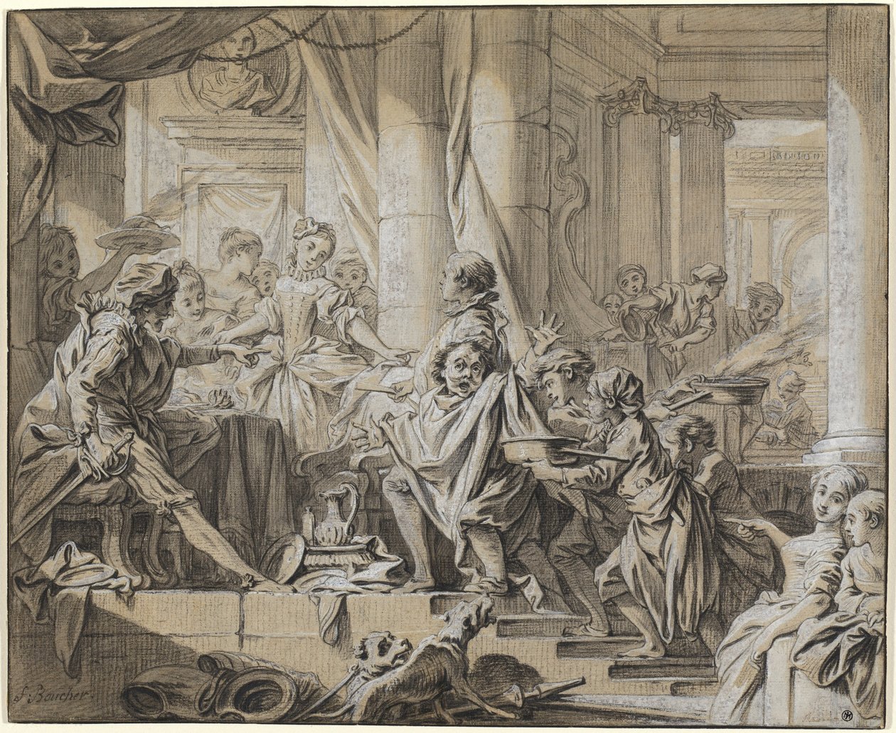 Sancho a fugir dos criados do duque de François Boucher