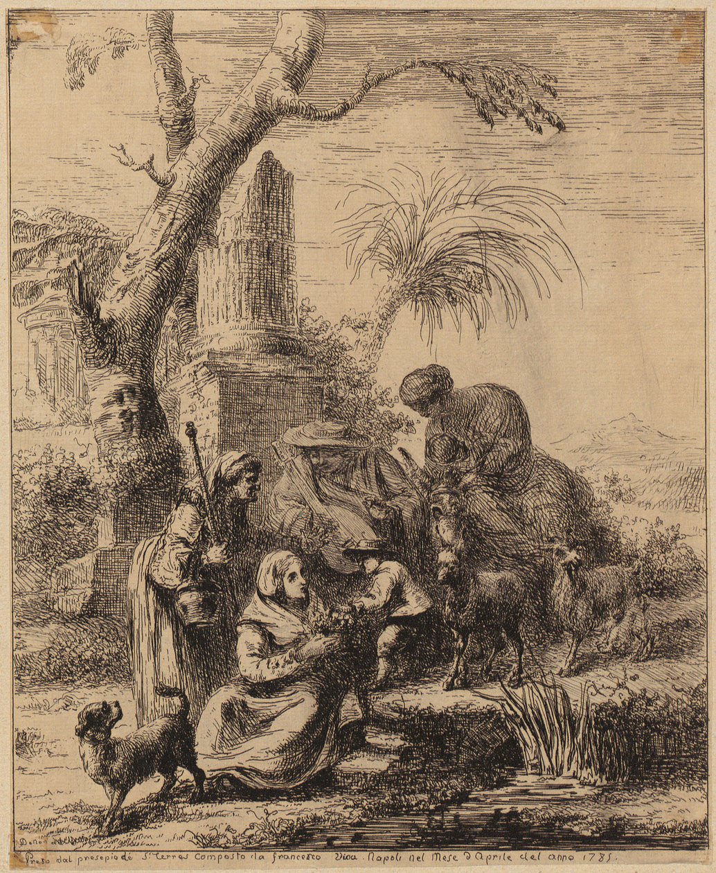 Mulher sentada [Femme de Matsmey] junto a uma palmeira, gravura da série «Diversas figuras chinesas [...]» de François Boucher