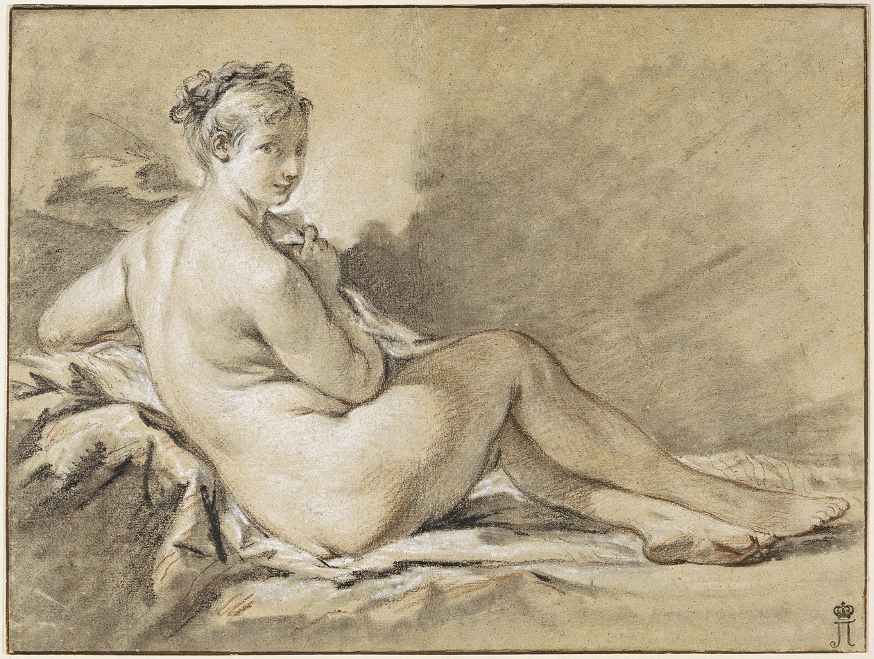 Estudo de uma Fêmea Nua - Francois Boucher (1703-1770). Sangue, giz preto e branco sobre papel de François Boucher