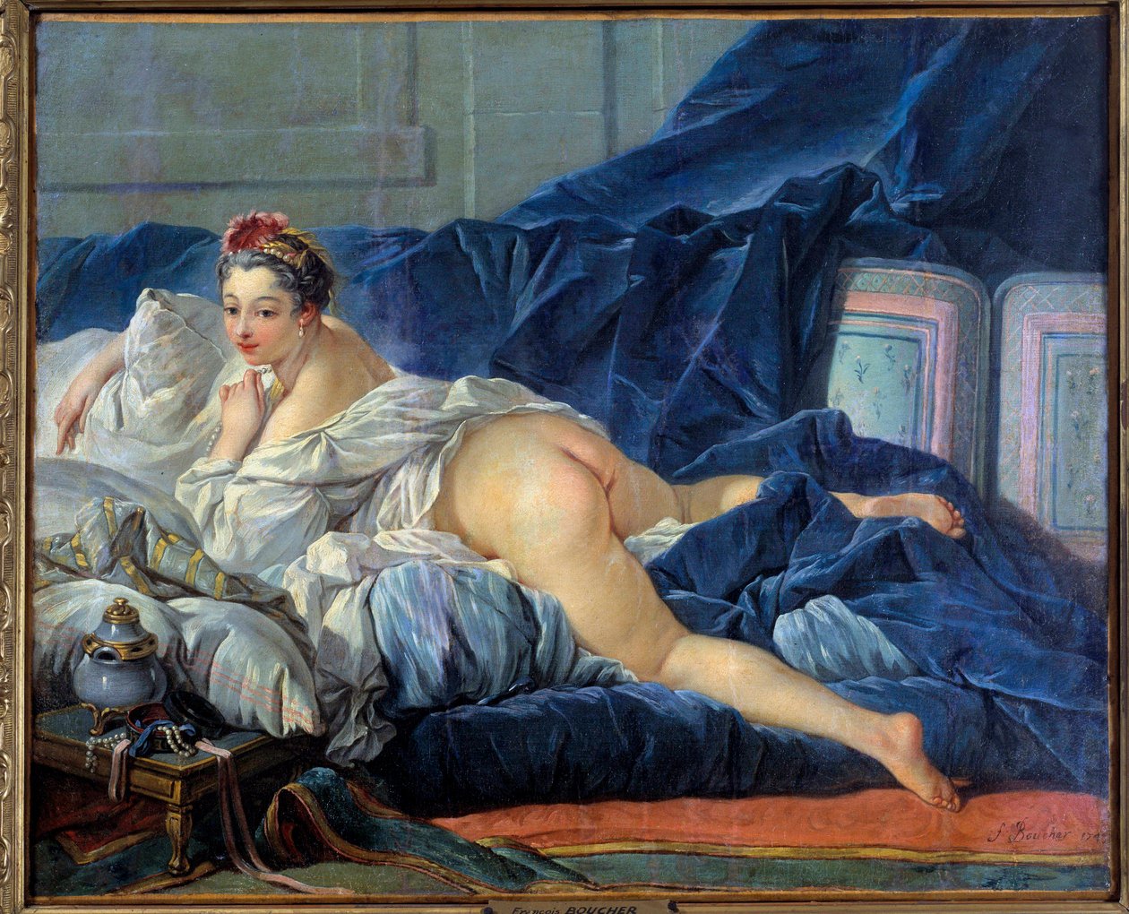 A jovem mulher odalisca está sentada num sofá. Pintura de François Boucher (1703-1770) 1752 Reims musee des Beaux Arts de François Boucher