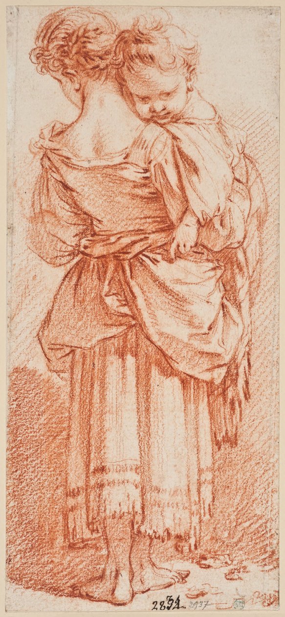 Mulher jovem com uma criança ao colo, vista de costas de François Boucher