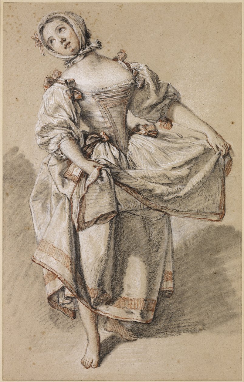 Young Country Girl Dancing, c. 1765-70 (giz preto, vermelho e branco e cepo sobre papel de cama de buff) de François Boucher