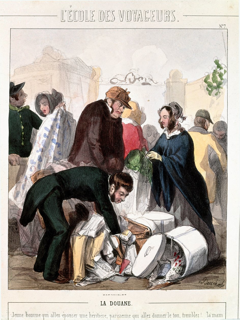 Alfândega. O controle aduaneiro do dote de um heritiere que ia casar com um jovem. Gravura a cores por François Bouchot (1800-1842), por volta de 1830. Paris, Musee Carnavalet de Francois Bouchot