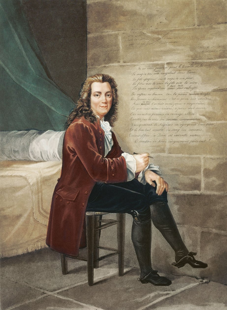 Voltaire preso na Bastilha escrevendo o La Henriade em 1728 de Francois Bouchot
