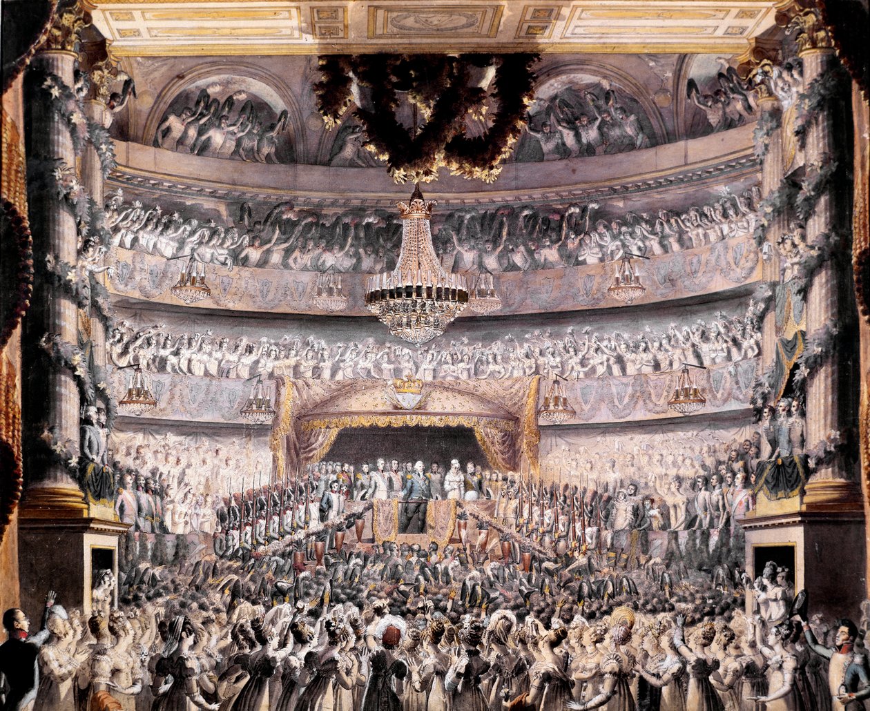 Luís XVIII (1755-1824) assiste ao teatro de Odeon numa festa dada pela Guarda Nacional de Paris em 1819 Desenho de François Buffet (1789-1843) Sol. 36x44 cm Versailles, musee du chateau de Francois Buffet