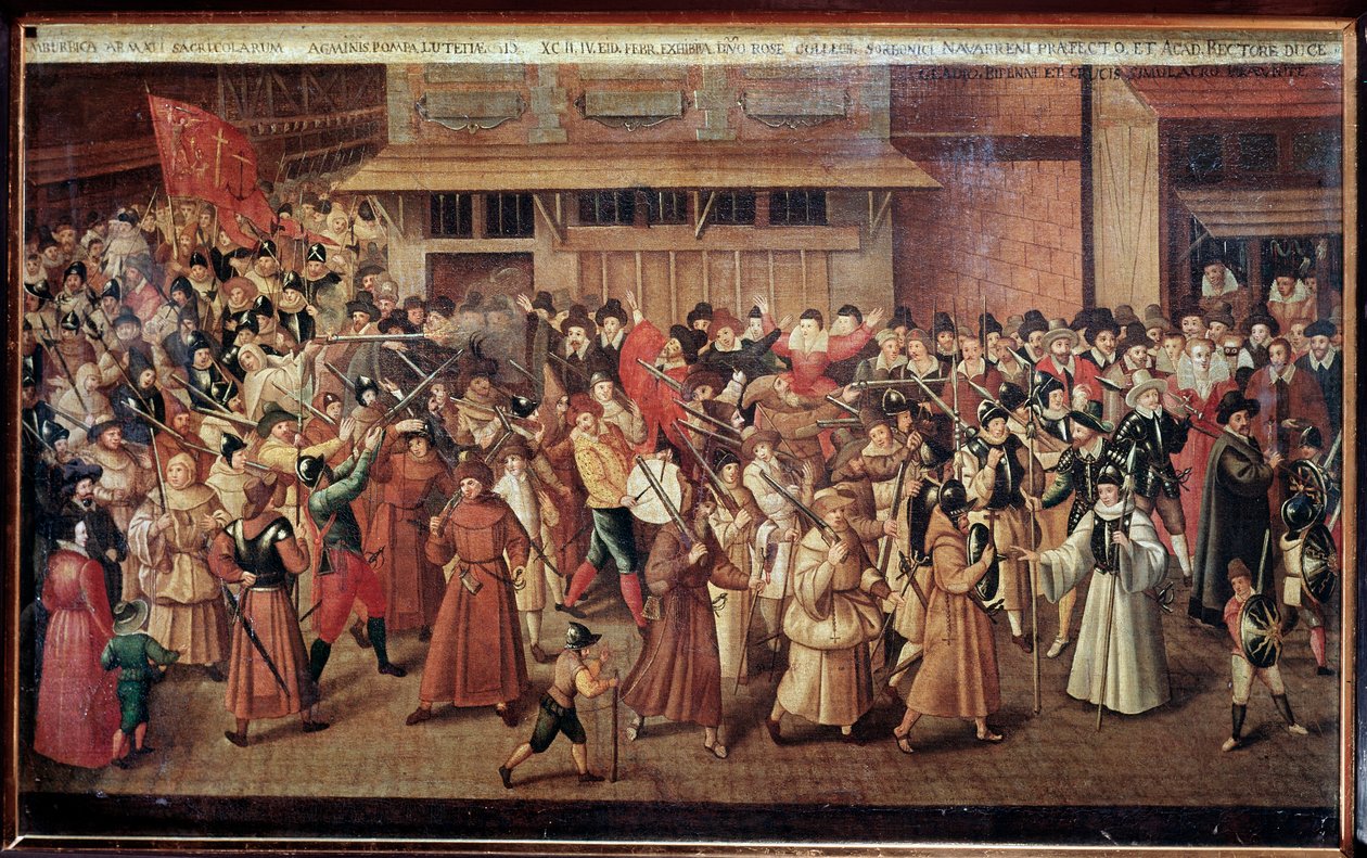 Guerras Francesas de Religião: procissão armada da Liga Católica da França nas ruas de Paris de Francois Bunel