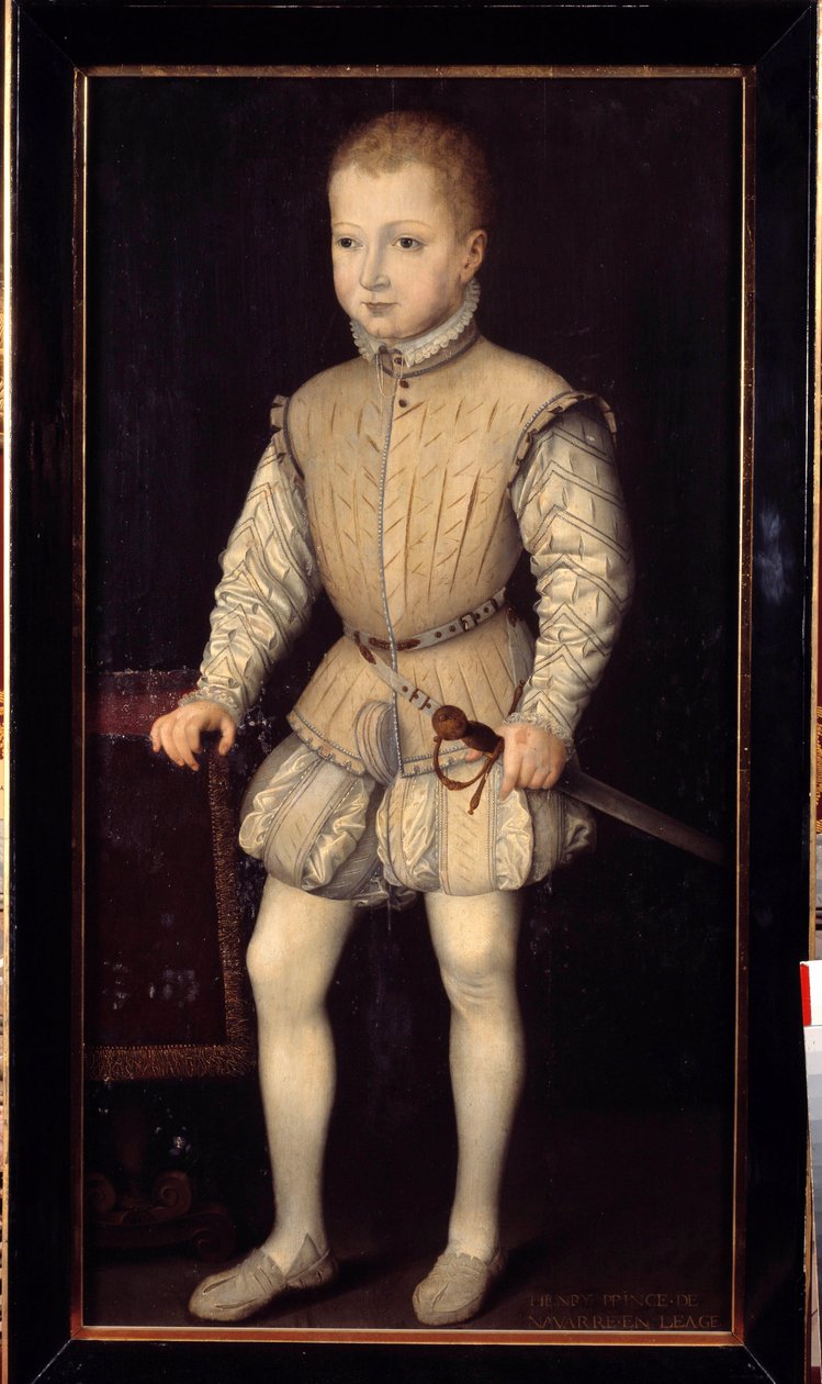 Retrato de Henrique IV de Navarra (1553-1610), uma criança de 4 anos de idade, durante sua estada em Paris com seus pais em 1557, então Príncipe de Navarra Pintura de François Bunel II (cerca de 1552 - antes de 1599). 1557. Dim. 1,25x0,64 m. Versailles, Ca de Francois Bunel
