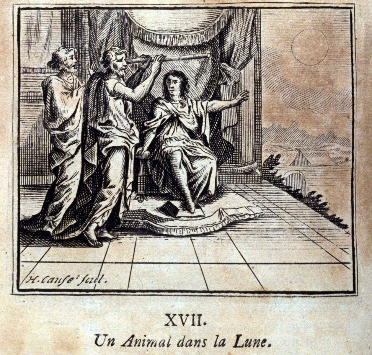 Um animal na lua. Fábulas de Jean de La Fontaine (1621-95). Ilustração de François Chauveau (1613-1676). Edição de 1728. de Francois Chauveau
