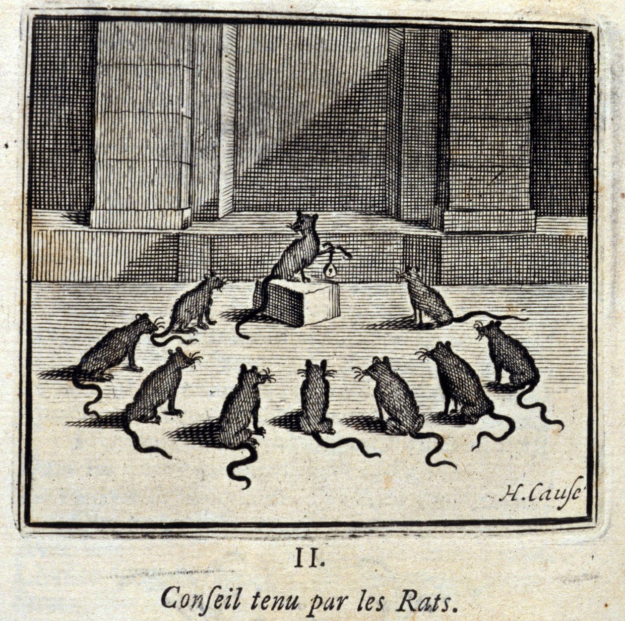 Conselho de Administração detido pelos Ratos. Fábulas de Jean de La Fontaine (1621-95). Ilustração de François Chauveau (1613-1676). Edição de 1728. de Francois Chauveau