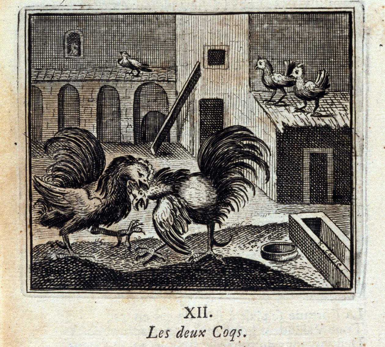 Ambos os galos. Fábulas de Jean de La Fontaine (1621-95). Ilustração de François Chauveau (1613-1676). Edição de 1728. de Francois Chauveau