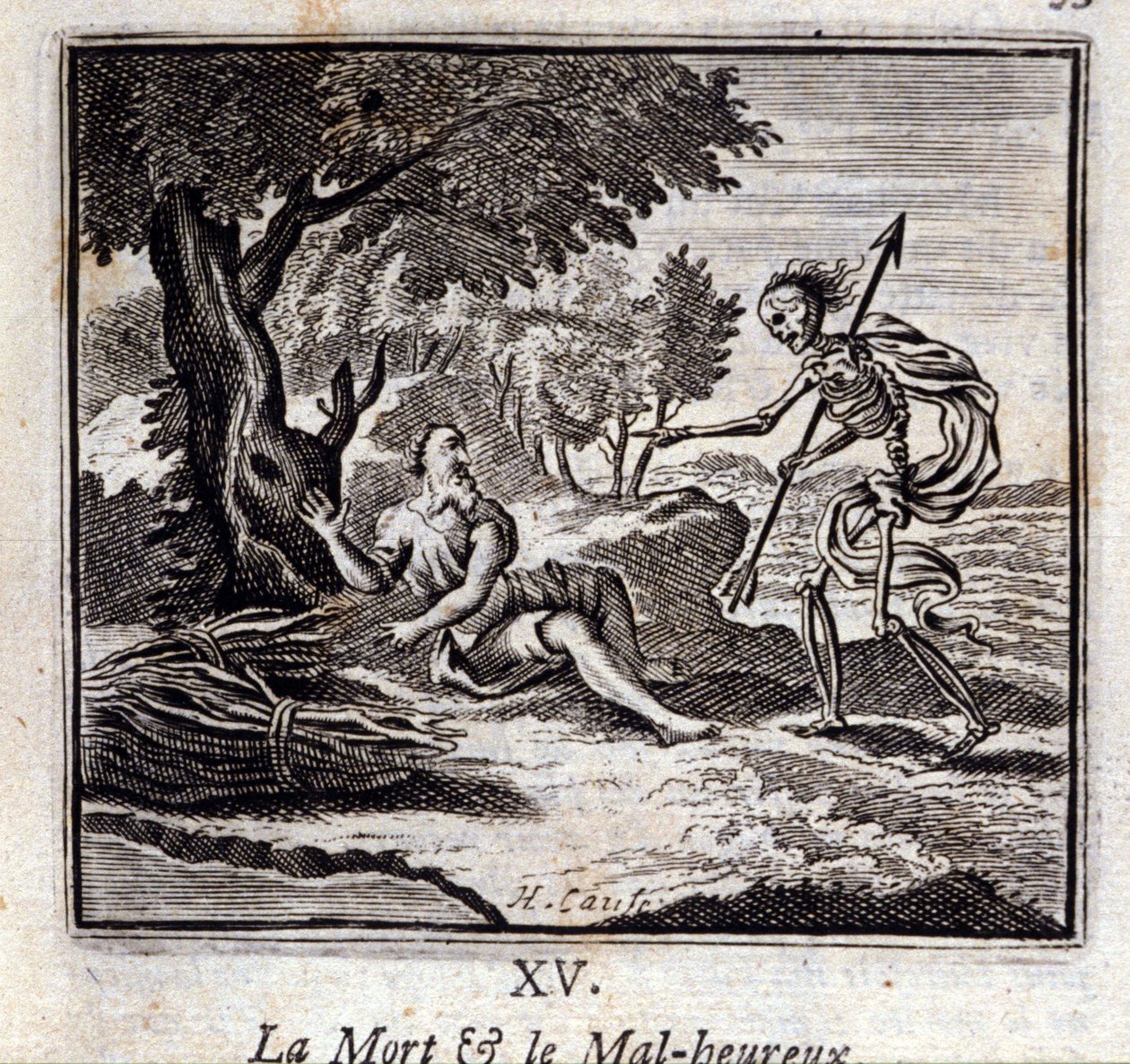 A Morte e os Infelizes. Fábulas de Jean de La Fontaine (1621-95). Ilustração de François Chauveau (1613-1676). Edição de 1728. de Francois Chauveau