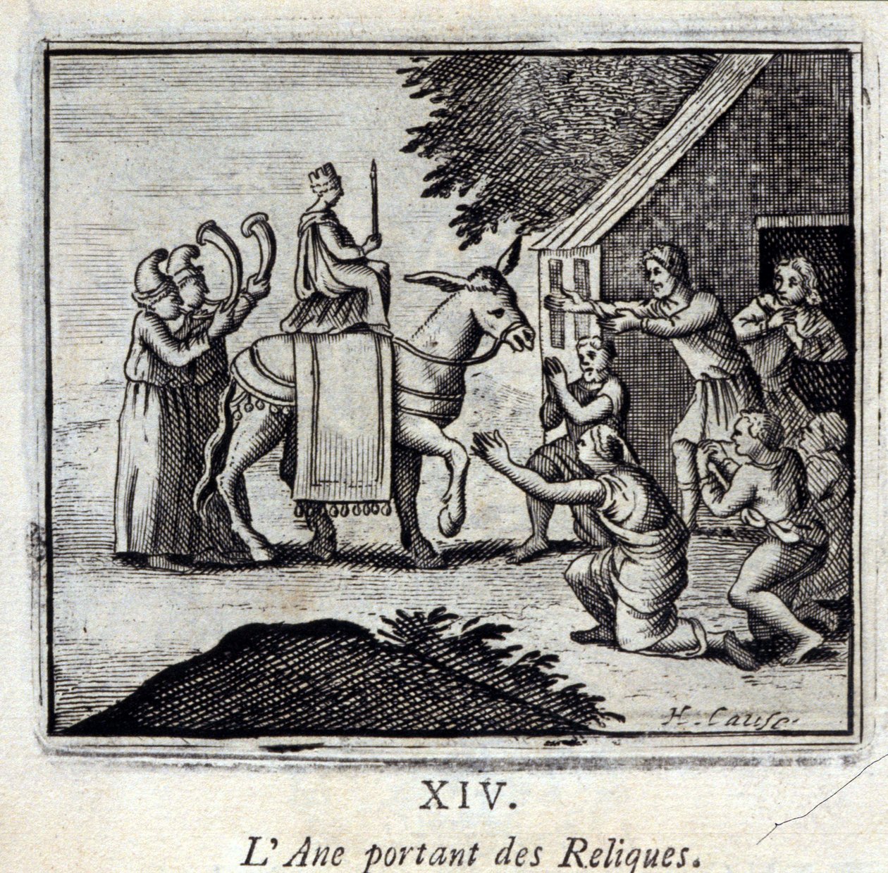 Burro carregando relíquias. Fábulas de Jean de La Fontaine (1621-95). Ilustração de François Chauveau (1613-1676). Edição de 1728. de Francois Chauveau