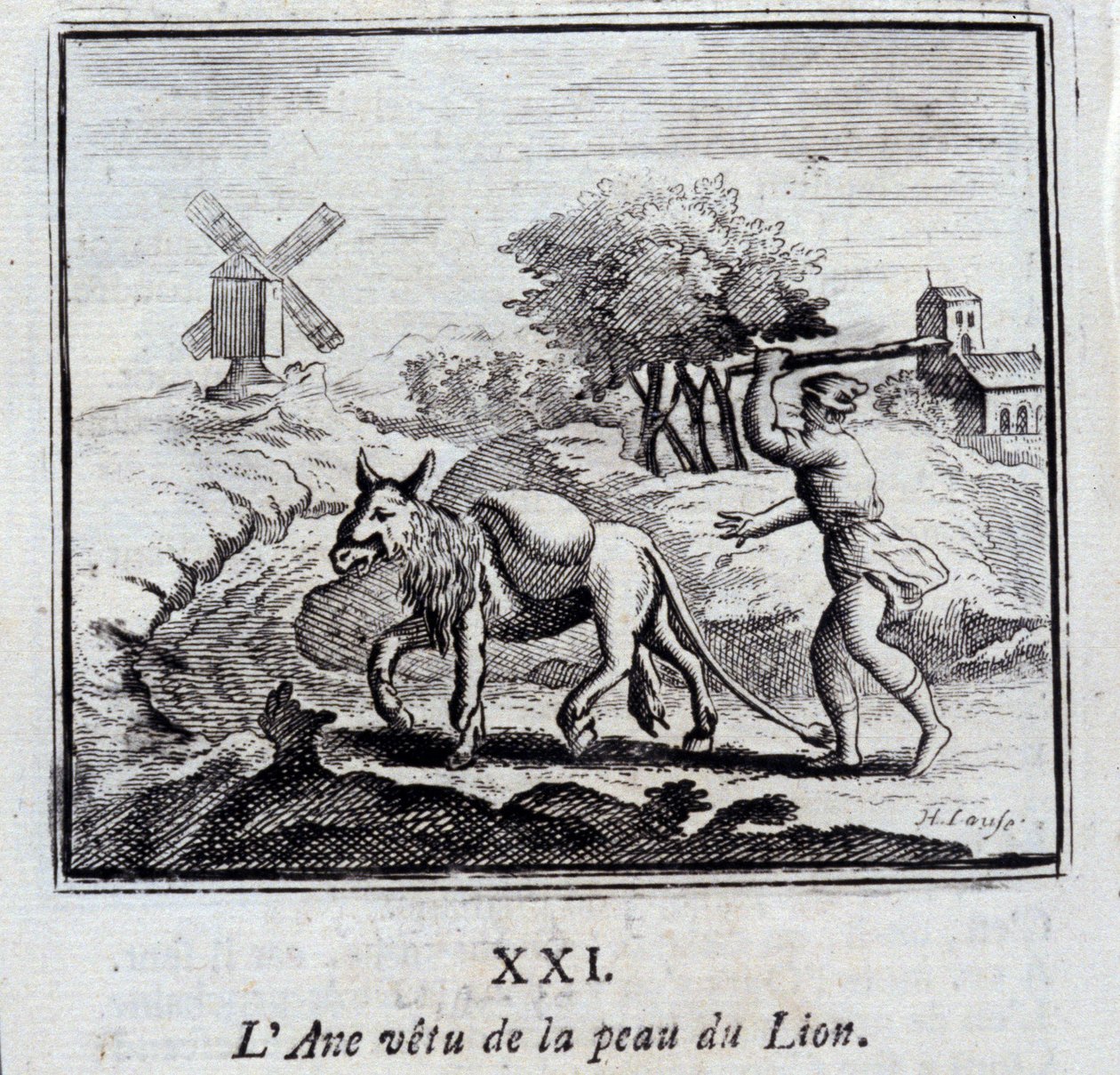Burro a usar a pele do Leão. Fábulas de Jean de La Fontaine (1621-95). Ilustração de François Chauveau (1613-1676). Edição de 1728. de Francois Chauveau