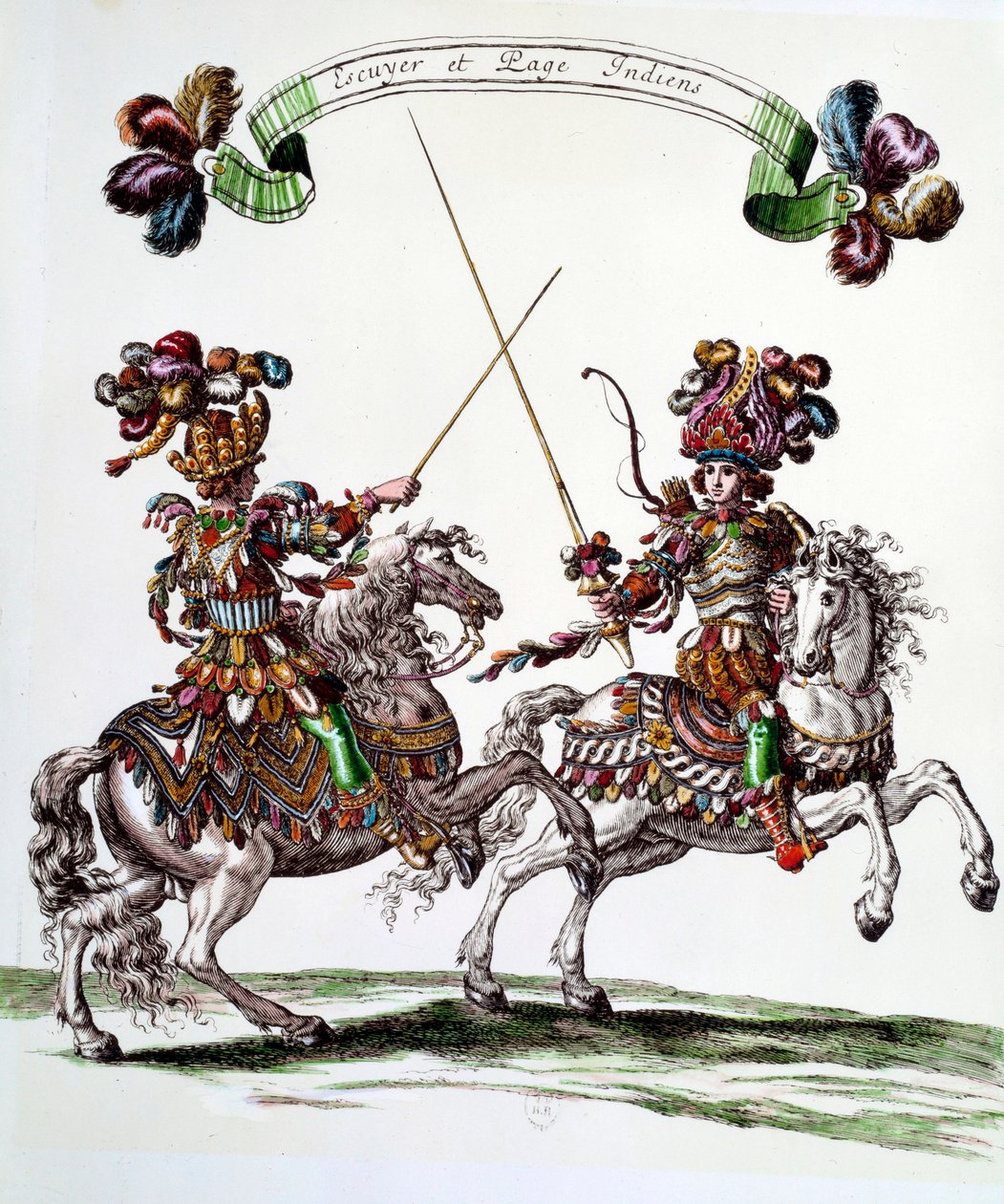 Equador indiano e página durante o carrossel dado pelo Rei Luís XIV (1638-1715) em 1662 aos Tuileries para celebrar o nascimento do Delfim. Gravura de François Chauveau (1613-1676) Coleção Privada do século XVII de Francois Chauveau