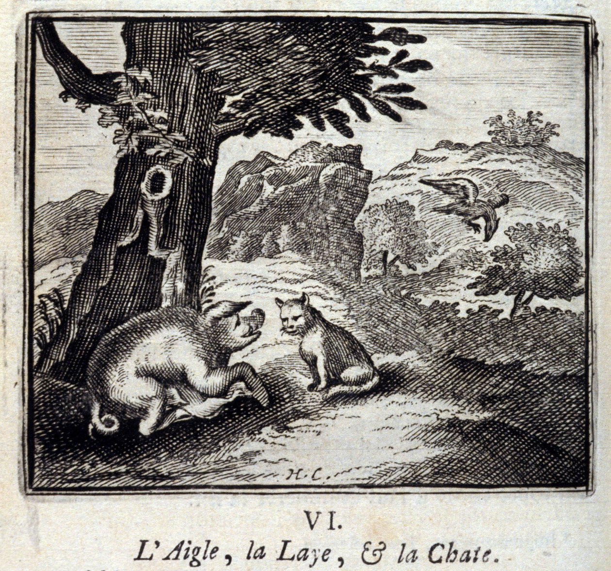 The Eagle, the Goose and the Pussy.fables de Jean de La Fontaine (1621-95). Ilustração de François Chauveau (1613-1676). Edição de 1728. de Francois Chauveau