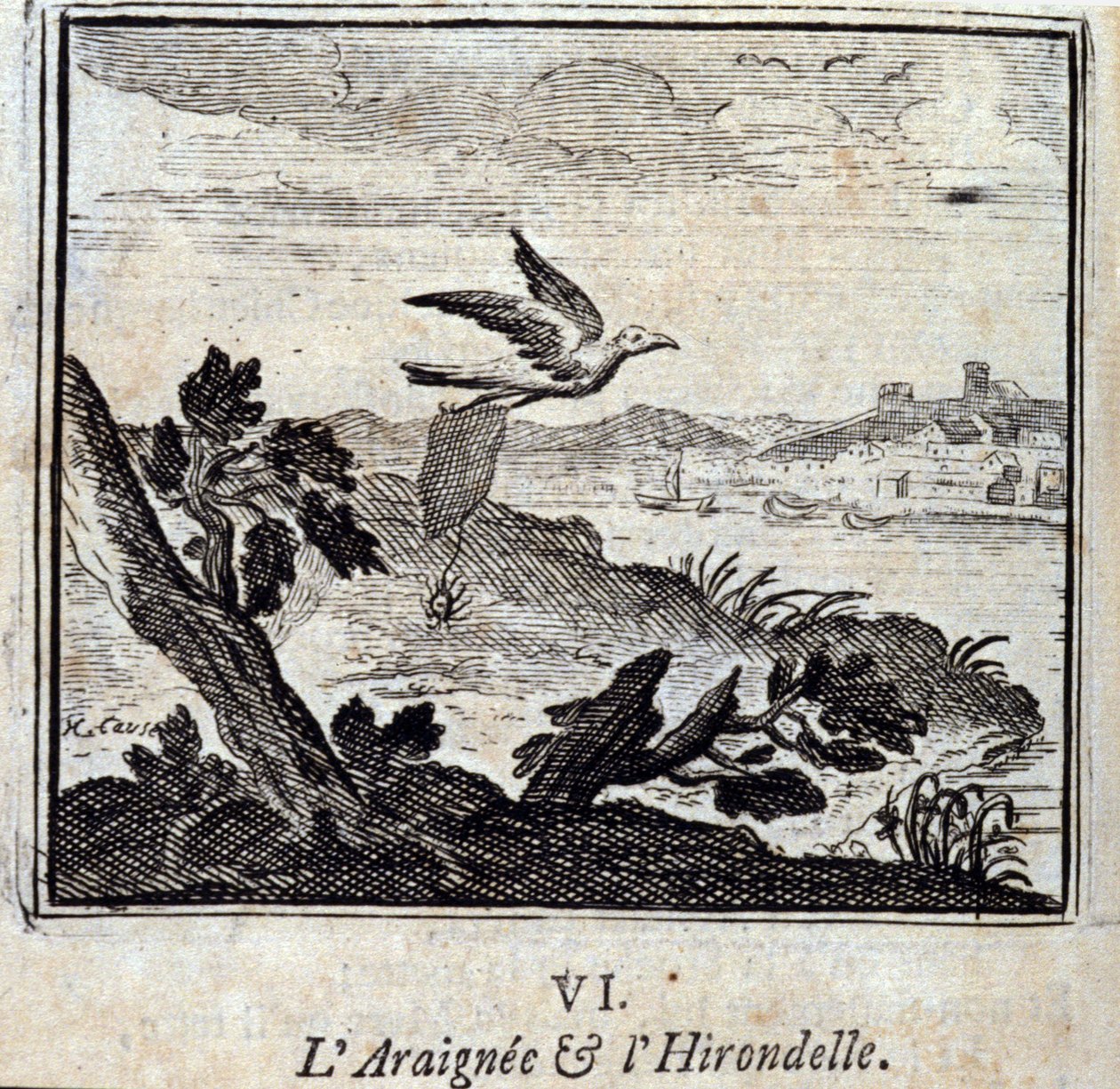 A Aranha e a Andorinha: Fábulas de Jean de La Fontaine (1621-95). Ilustração de François Chauveau (1613-1676). Edição de 1728. de Francois Chauveau