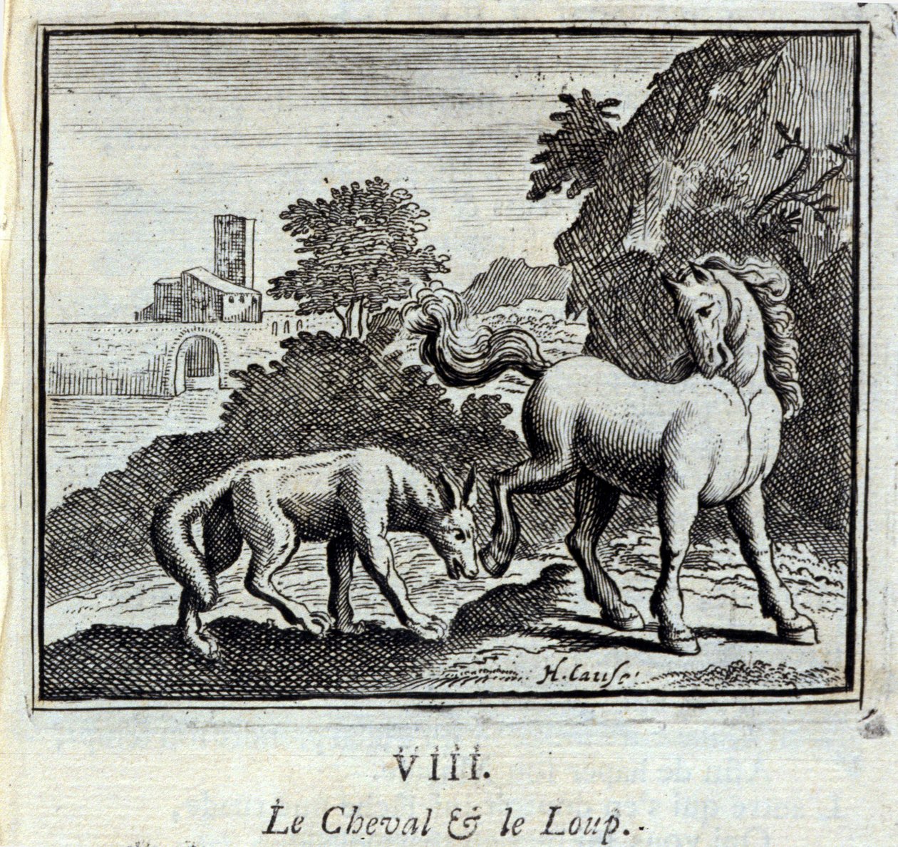 The Horse and the Wolf Fables de Jean de La Fontaine (1621-95). Ilustração de François Chauveau (1613-1676). Edição de 1728. de Francois Chauveau