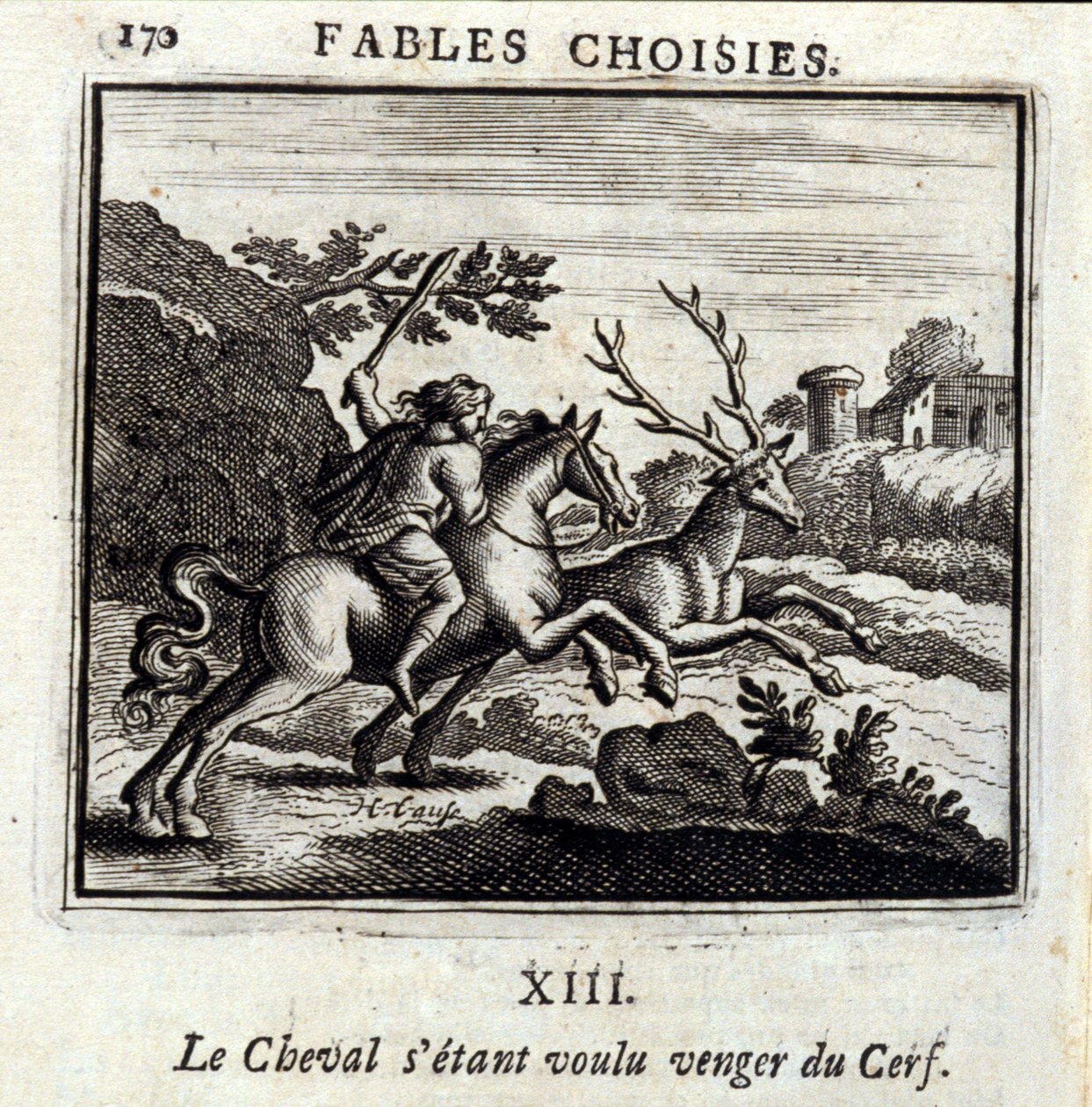 Le Cheval queria vingança para o Veado. Fábulas de Jean de La Fontaine (1621-95). Ilustração de François Chauveau (1613-1676). Edição de 1728. de Francois Chauveau