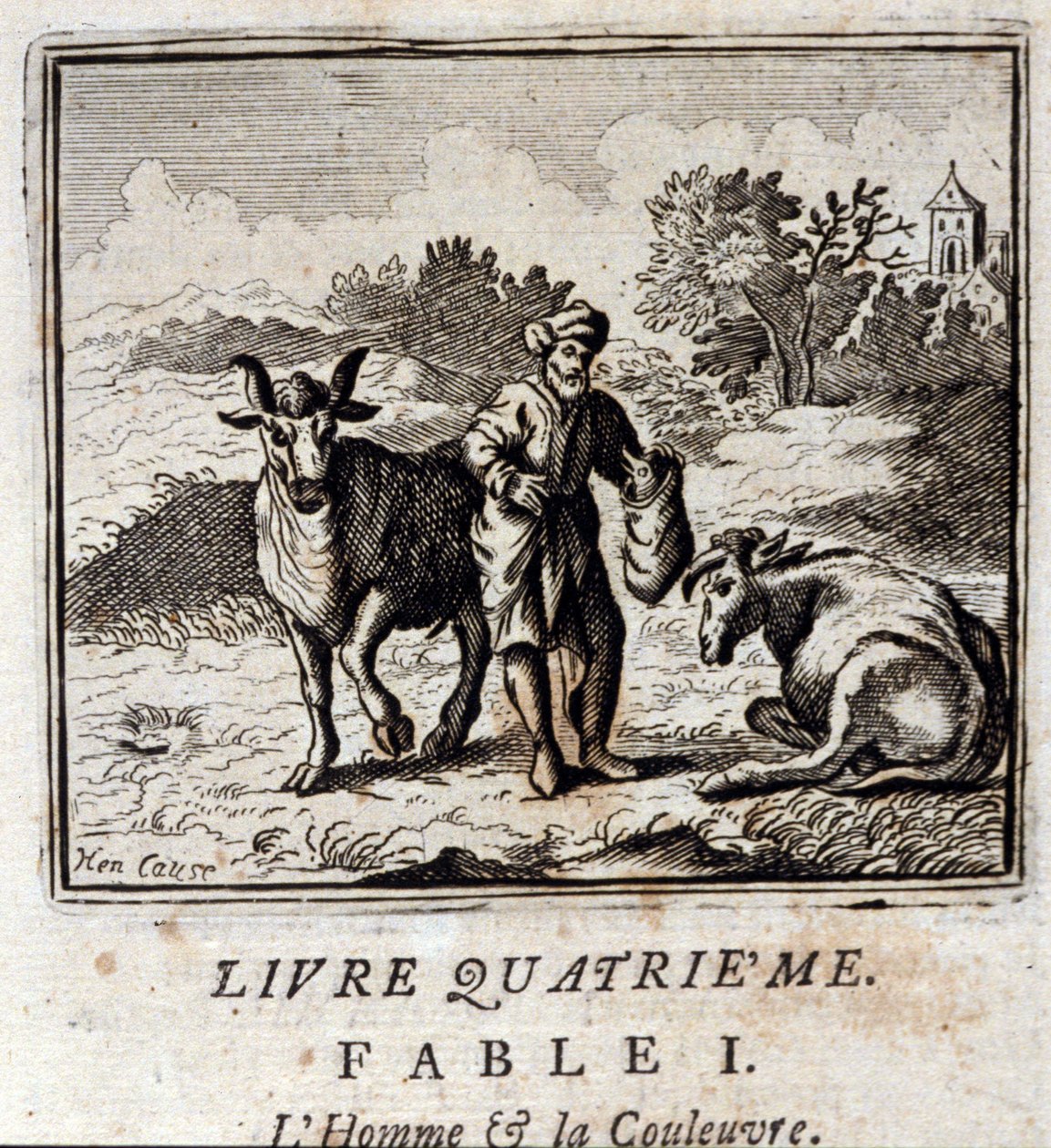 Homem e Serpente. Fábulas de Jean de La Fontaine (1621-95). Ilustração de François Chauveau (1613-1676). Edição de 1728. de Francois Chauveau