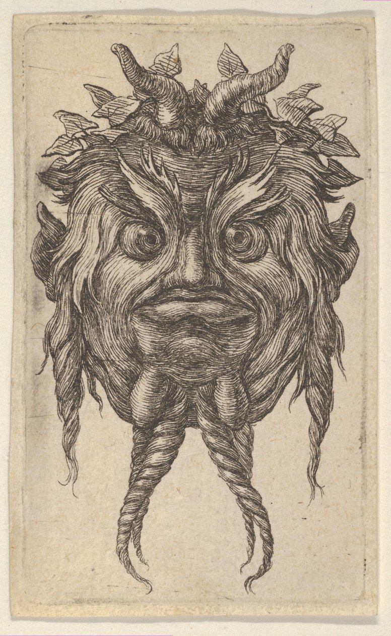 Máscara de sátiro com chifres e barba retorcida com coroa de hera, de Divers Masque..., c. 1635-45. de Francois Chauveau