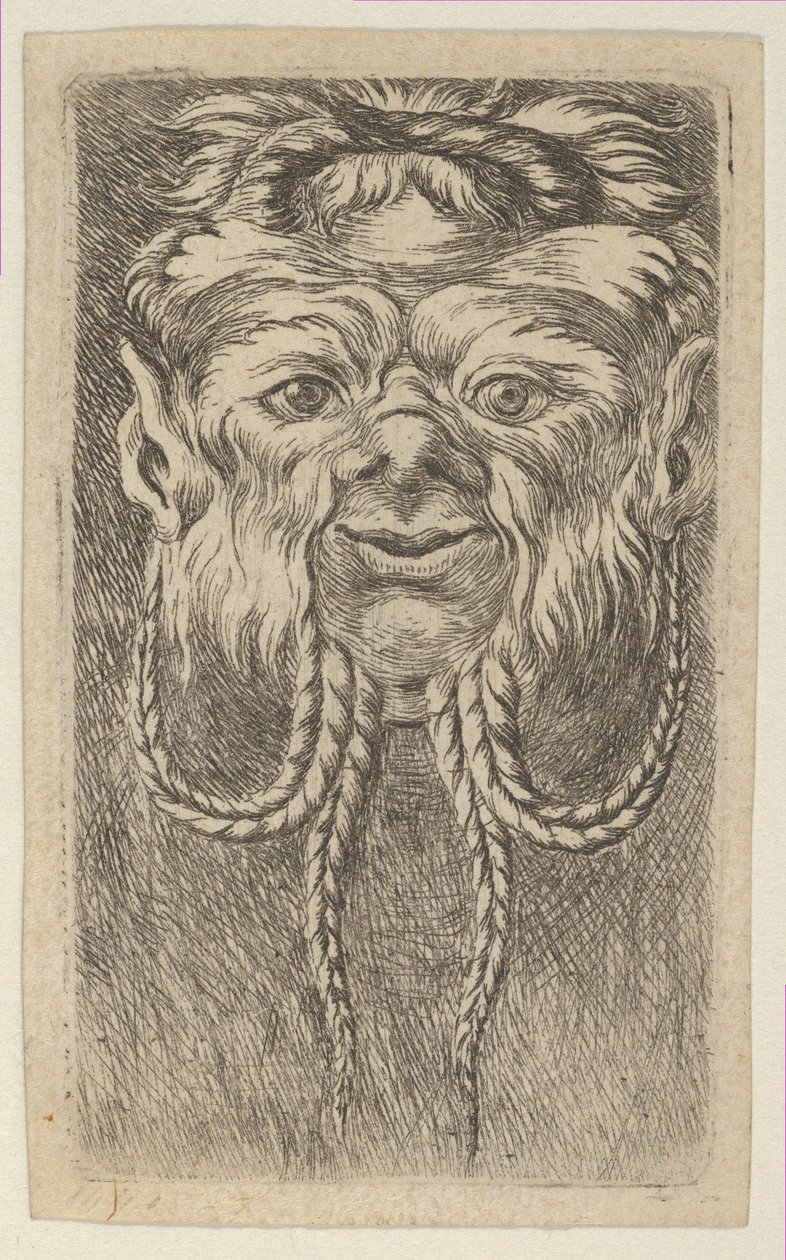 Máscara de sátiro com chifres sobrepostos e quatro fios de barba trançados, de Divers Ma..., ca. 1635-45. de Francois Chauveau