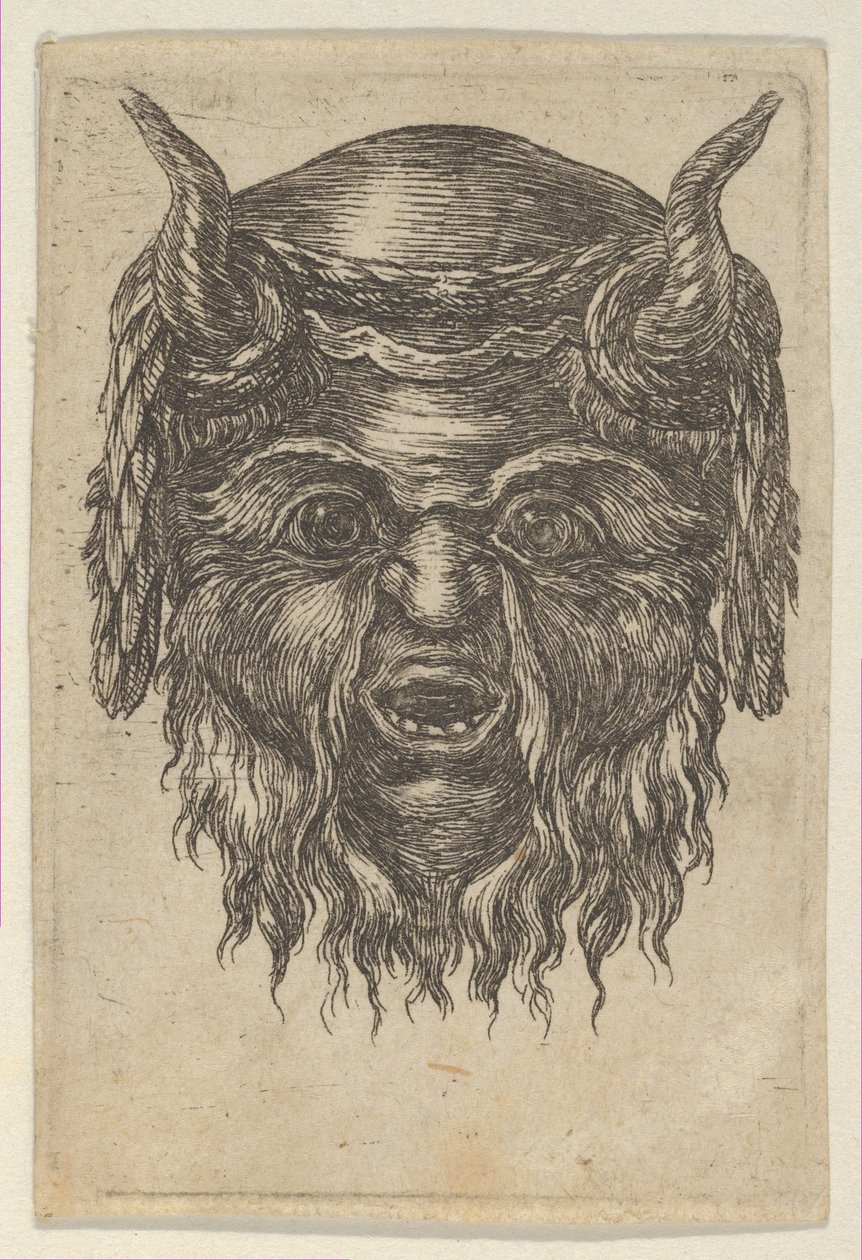 Máscara de sátiro com uma coroa de louros sobre os chifres, de Divers Masques, ca. 1635-45. de Francois Chauveau