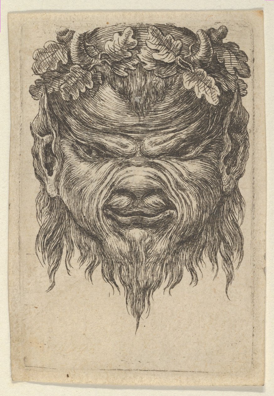 Máscara de sátiro com focinho recortado e coroa de folhas de carvalho, de Divers Masques, ca. 1635-45. de Francois Chauveau