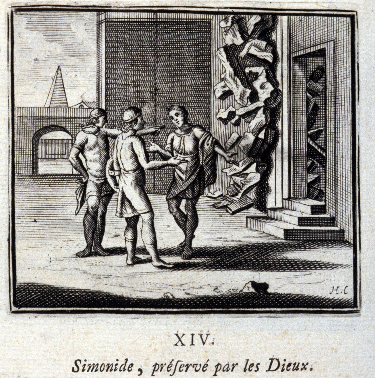 Simonides preservar pelos Deuses. Fábulas de Jean de La Fontaine (1621-95). Ilustração de François Chauveau (1613-1676). Edição de 1728. de Francois Chauveau