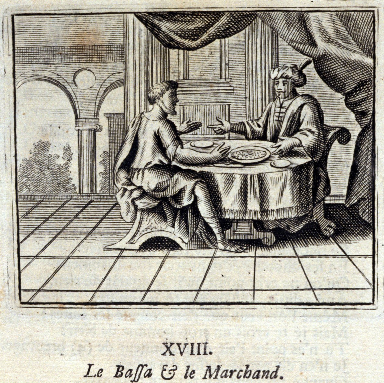 O Bassa e o Mercador. Fábulas de Jean de La Fontaine (1621-95). Ilustração de François Chauveau (1613-1676). Edição de 1728. de Francois Chauveau