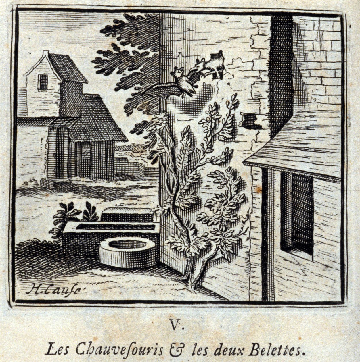 O Morcego e as duas doninhas. Fábulas de Jean de La Fontaine (1621-95). Ilustração de François Chauveau (1613-1676). Edição de 1728. de Francois Chauveau