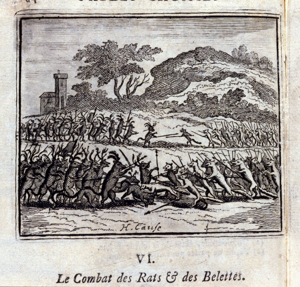 A Batalha de Ratos e Doninhas. Fábulas de Jean de La Fontaine (1621-95). Ilustração de François Chauveau (1613-1676). Edição de 1728. de Francois Chauveau