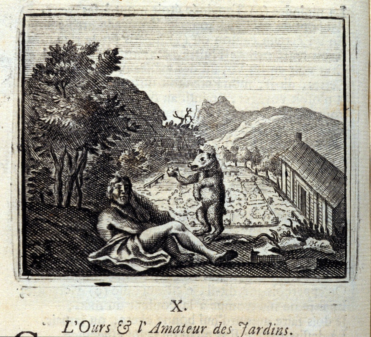 O Urso e o Amador de Jardim. Fábulas de Jean de La Fontaine (1621-95). Ilustração de François Chauveau (1613-1676). Edição de 1728. de Francois Chauveau
