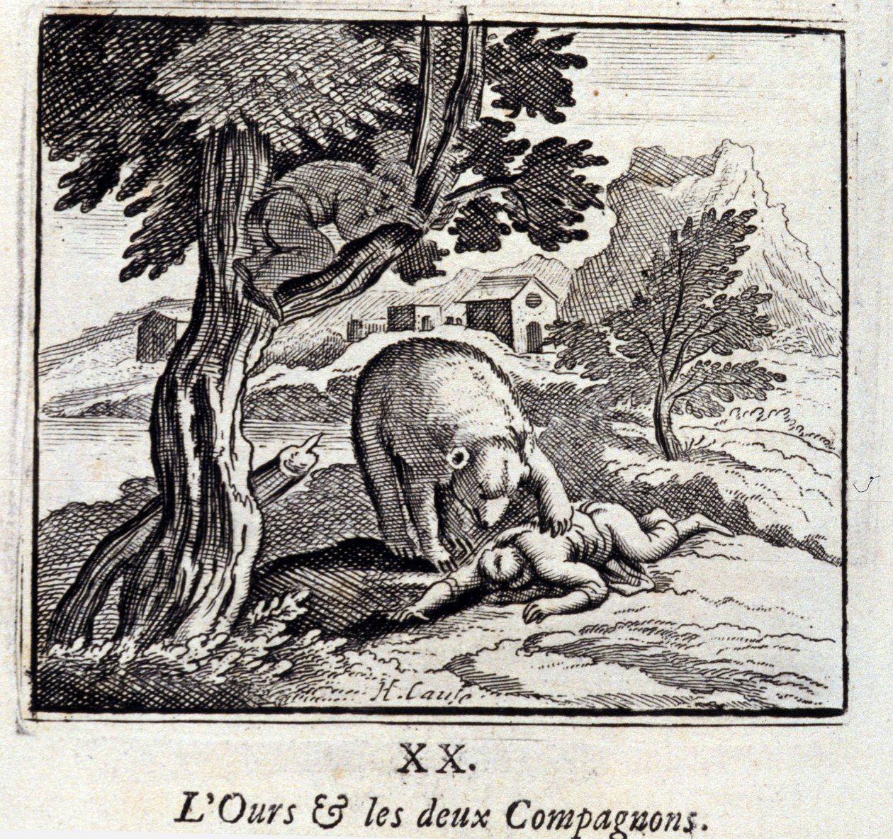 O Urso e os Dois Companheiros. Fábulas de Jean de La Fontaine (1621-95). Ilustração de François Chauveau (1613-1676). Edição de 1728. de Francois Chauveau