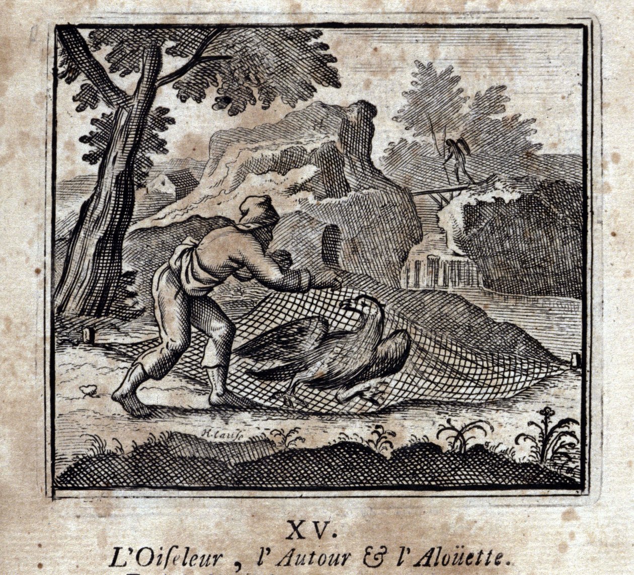 O Birdbird, o Redondo e o Alouette. Fábulas de Jean de La Fontaine (1621-95). Ilustração de François Chauveau (1613-1676). Edição de 1728. de Francois Chauveau