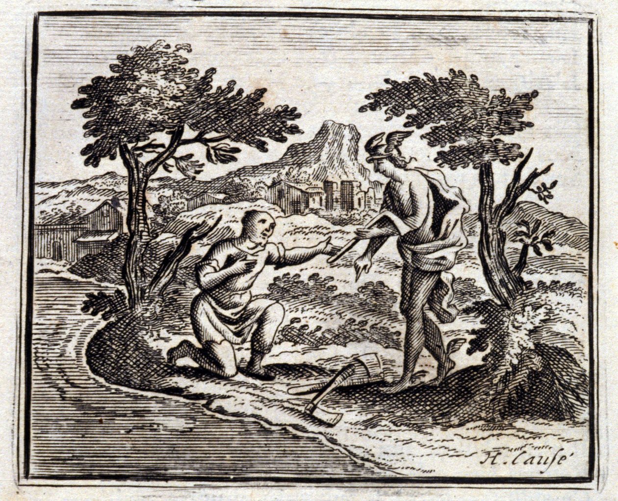 O Bucheron e Mercúrio. Fábulas de Jean de La Fontaine (1621-95). Ilustração de François Chauveau (1613-1676). Edição de 1728. de Francois Chauveau