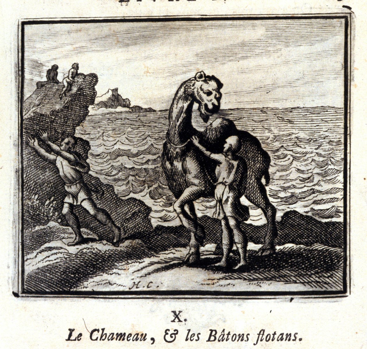 O Camelo e os Bastões Flutuantes. Fábulas de Jean de La Fontaine (1621-95). Ilustração de François Chauveau (1613-1676). Edição de 1728. de Francois Chauveau