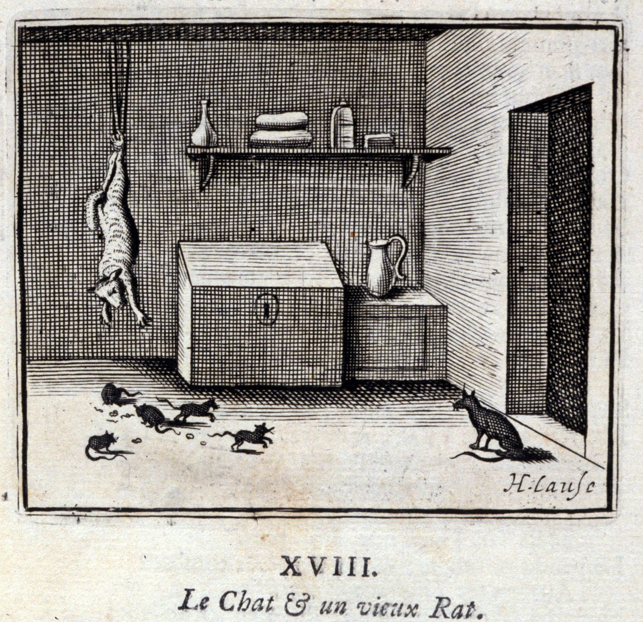O Gato e um rato velho. Fábulas de Jean de La Fontaine (1621-95). Ilustração de François Chauveau (1613-1676). Edição de 1728. de Francois Chauveau