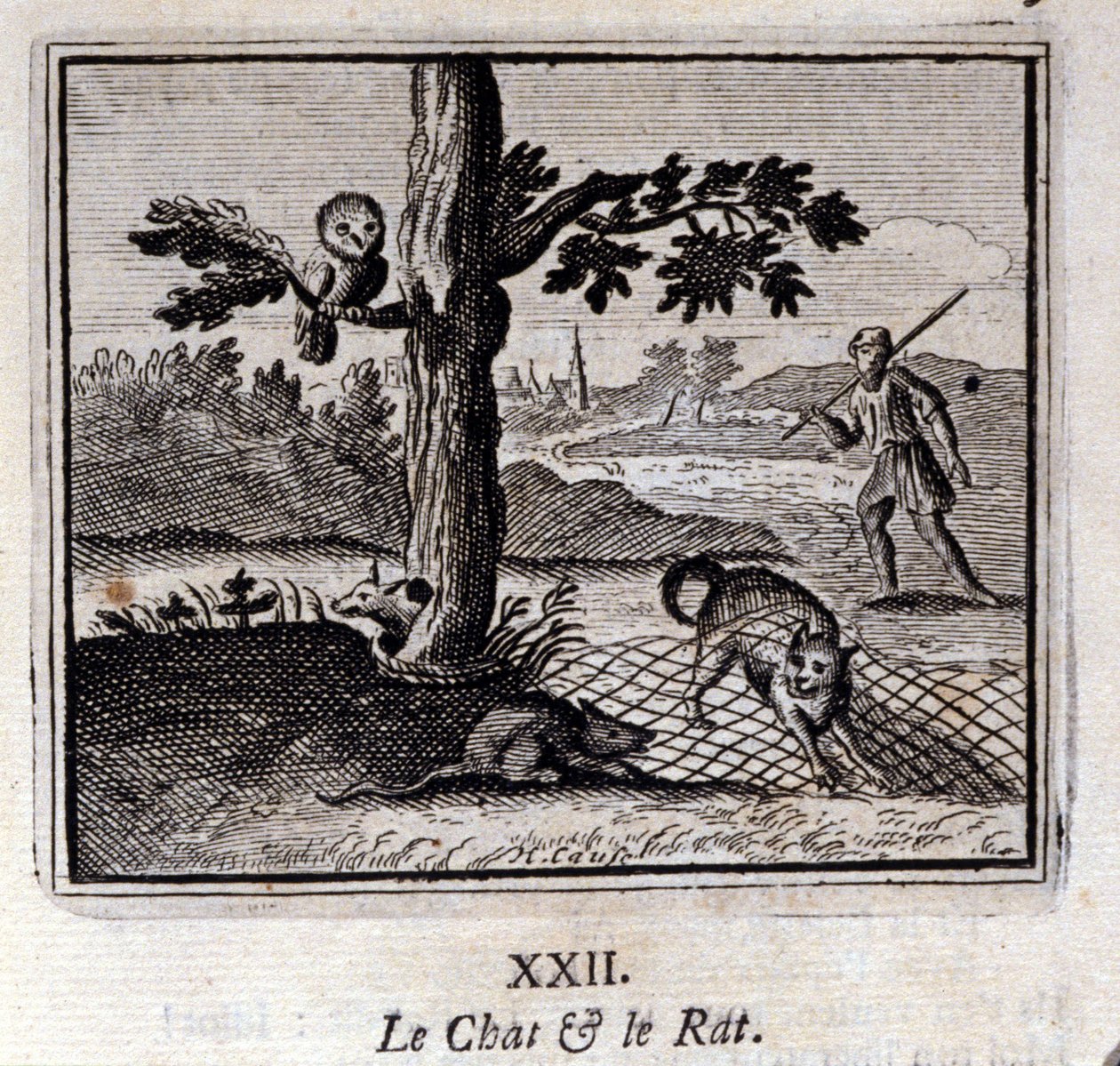 O Gato e o Rato. Fábulas de Jean de La Fontaine (1621-95). Ilustração de François Chauveau (1613-1676). Edição de 1728. de Francois Chauveau