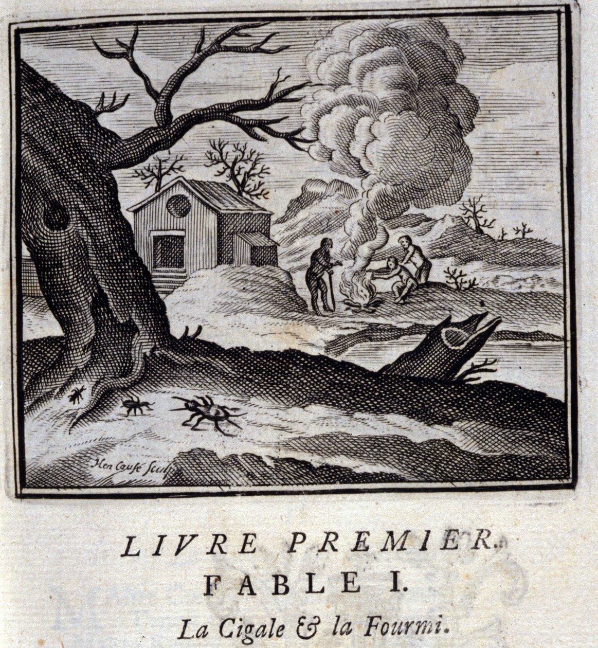 O Cigale e a Formiga. Fábulas de Jean de La Fontaine (1621-95). Ilustração de François Chauveau (1613-1676). Edição de 1728. de Francois Chauveau