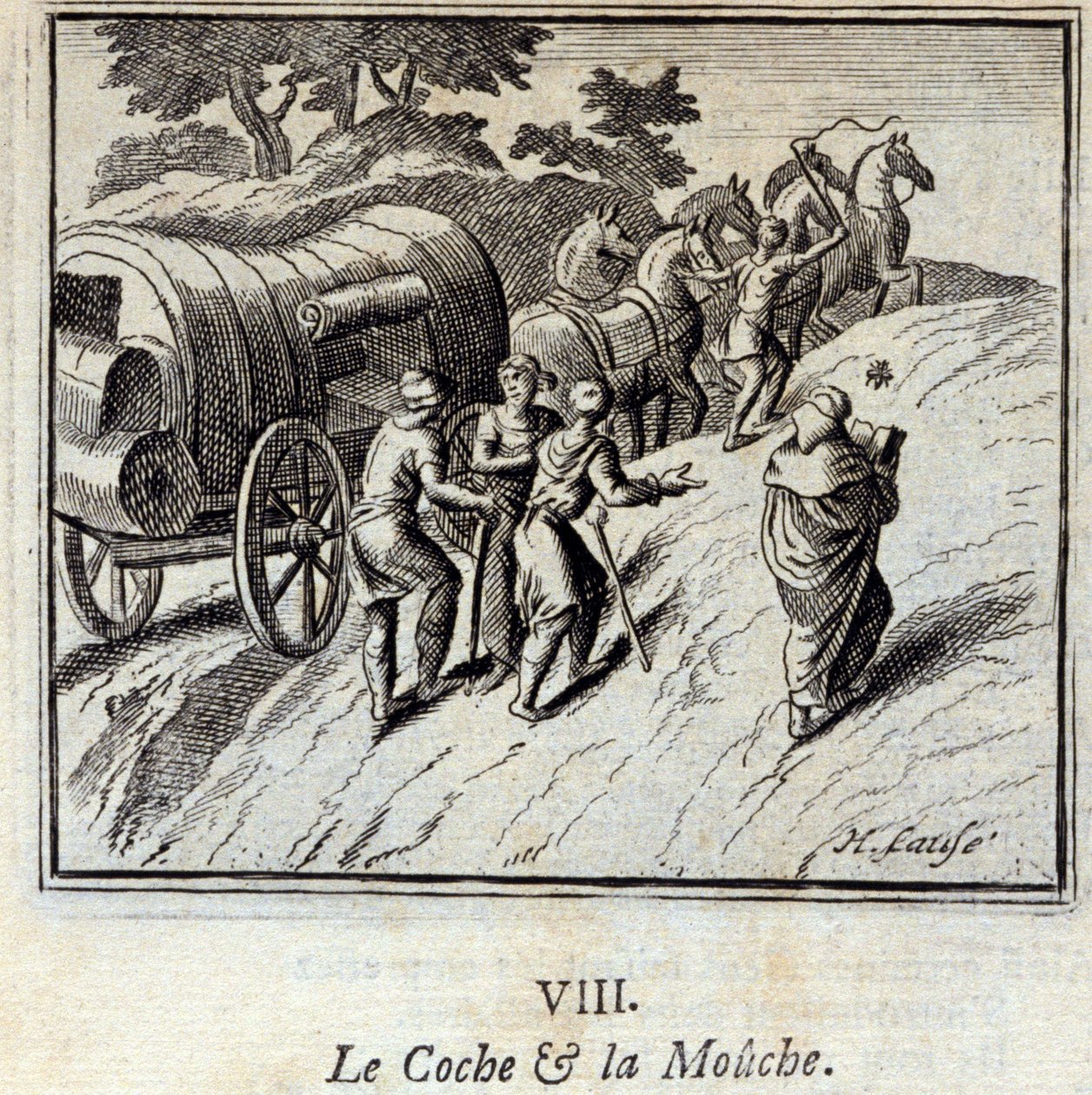 The Coche and the Fly. Fábulas de Jean de La Fontaine (1621-95). Ilustração de François Chauveau (1613-1676). Edição de 1728. de Francois Chauveau