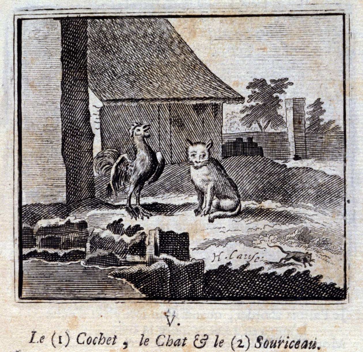 O gato e o rato Cochet. Fábulas de Jean de La Fontaine (1621-95). Ilustração de François Chauveau (1613-1676). Edição de 1728. de Francois Chauveau