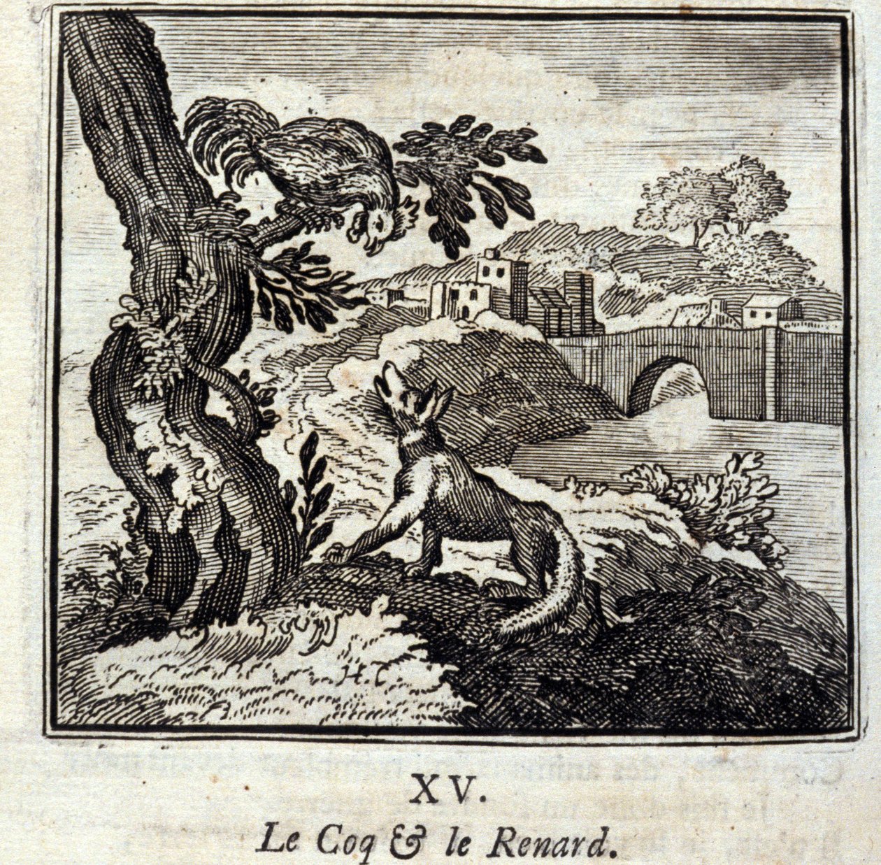 O Coq e a Raposa. Fábulas de Jean de La Fontaine (1621-95). Ilustração de François Chauveau (1613-1676). Edição de 1728. de Francois Chauveau