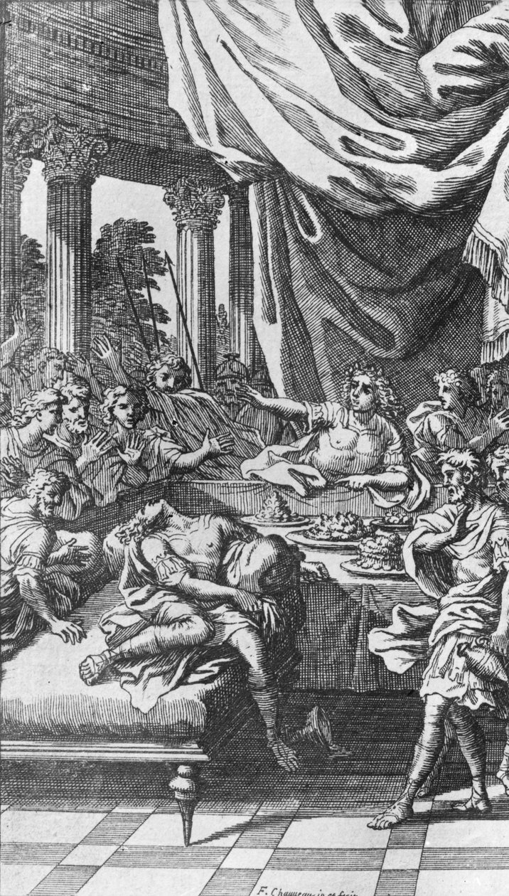 A morte de Britannicus, de "Britannicus" (1669) por Jean Racine, publicado em 1676 de Francois Chauveau