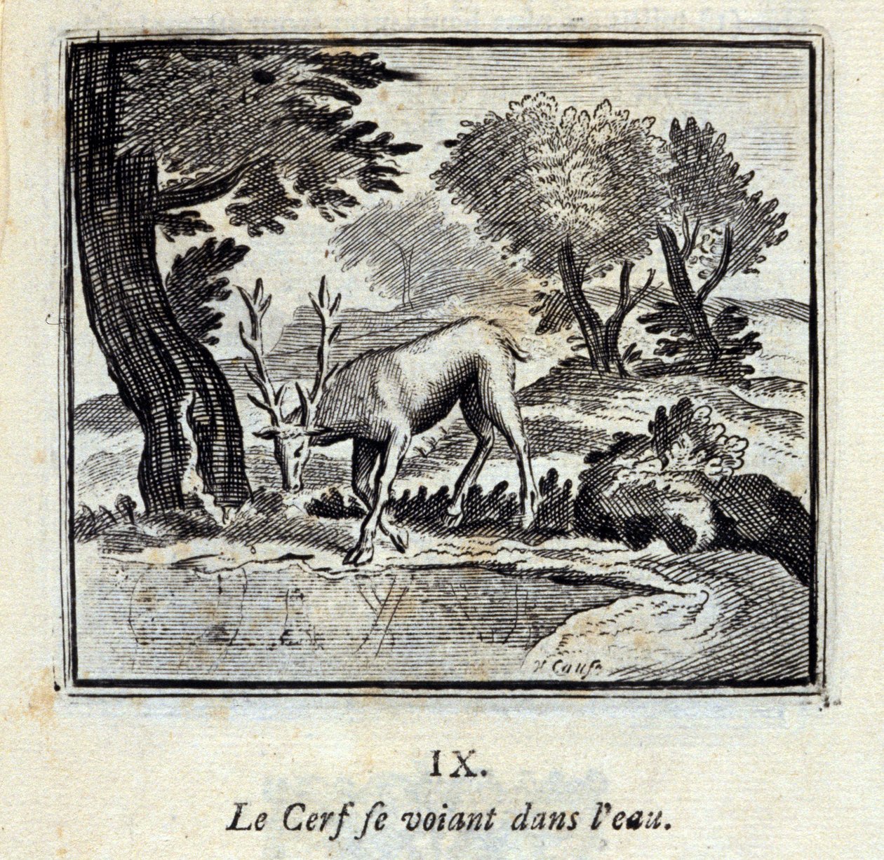 O Veado a ver-se na água. Fábulas de Jean de La Fontaine (1621-95). Ilustração de François Chauveau (1613-1676). Edição de 1728. de Francois Chauveau